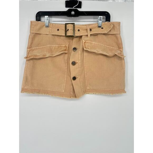 Free People Mini Skirt Womens Size 10 Tan Button Front Belted Utility Fringe - Picture 2 of 11